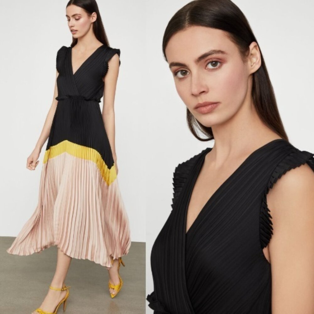 BCBGMaxAzria Black, Yellow and Blush Pleated Asymmetrical Midi Dress